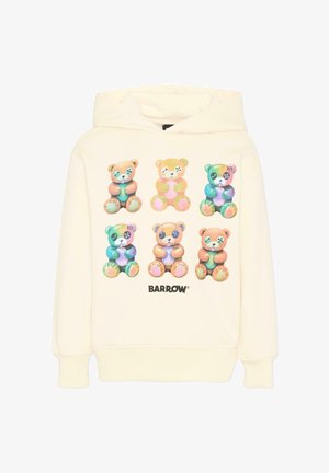Sudadera con capucha color crema con seis ositos de peluche coloridos dispuestos en dos filas y la palabra "BARROW" impresa debajo.