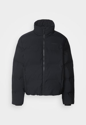 Black puffer jacket with a high collar, front zipper, and elastic cuffs. Features a quilted design with a smooth finish. Minimal branding visible.