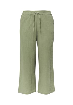 Pantalon large vert clair en tissu texturé, avec taille élastique et cordon de serrage frontal.