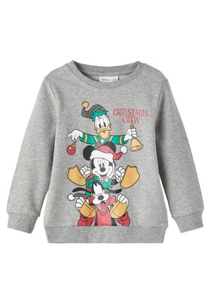 Sweat-shirt gris pour enfants avec Mickey, Dingo et Donald vêtus de costumes de Noël et le texte "Christmas Crew" en rouge.