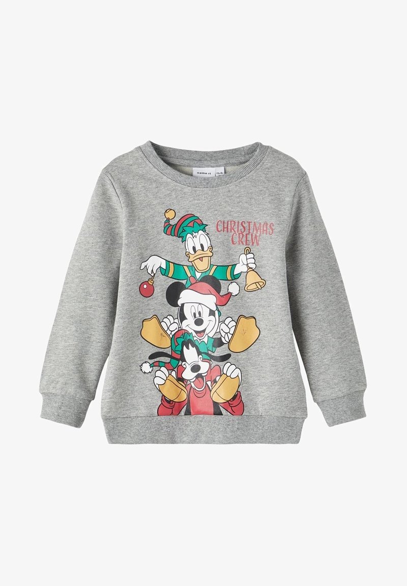Sweat-shirt gris pour enfants avec Mickey, Dingo et Donald vêtus de costumes de Noël et le texte "Christmas Crew" en rouge.