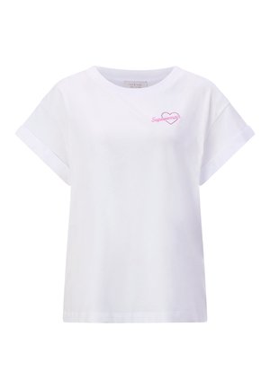 Fehér, rövid ujjú póló felhajtott szegéllyel, a bal felső mellrészen rózsaszín "Superwoman" szöveg egy szív alakban.