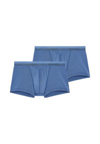 Blå herrboxer i mjukt tyg. Har en platt elastisk midjeband med branding och en slät yta. Två par visas.