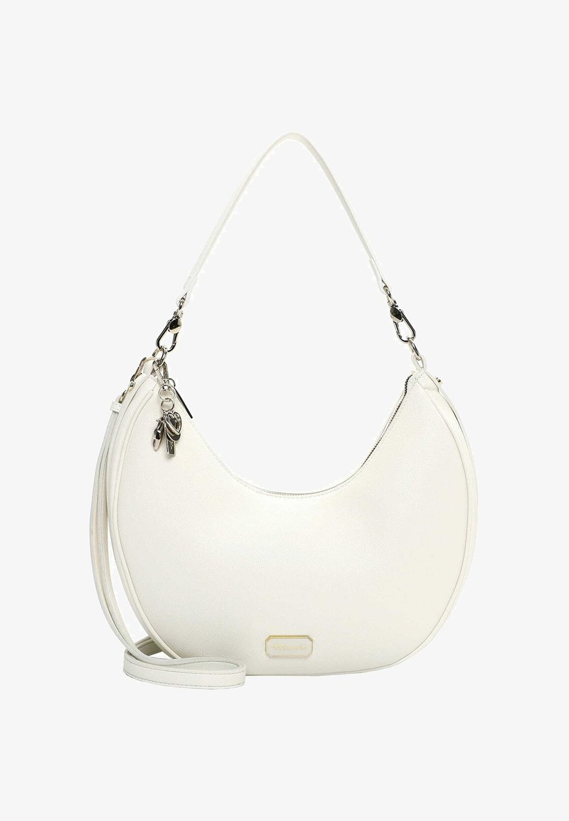 Biała torebka na ramię z eko skóry o zaokrąglonym kształcie, z srebrnymi okuciami i ozdobnym breloczkiem. Posiada odpinany pasek i zapięcie na zamek.