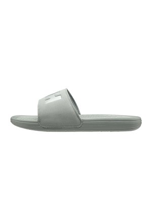 Gray slip-on sandal with a cushioned sole and wide strap featuring a subtle embossed logo, shown from the side on white background.