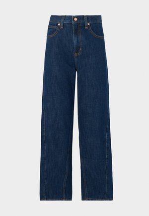 Mørkeblå brede jeans lavet af denim med orange syninger, med bag- og frontlommer samt høj talje.