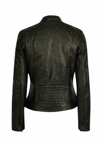 Black leather jacket with a smooth texture, fitted design, quilted back panel, and snap-button closure on sleeves. Back view showcased.