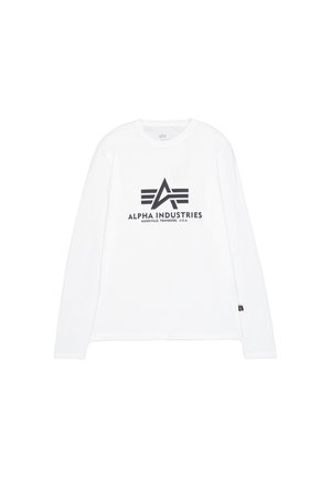 Maglietta bianca a maniche lunghe in cotone con scollo rotondo, che presenta un logo grafico nero e strisce sul davanti e un'etichetta sul lato.