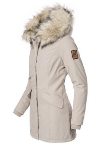 Beige parka with faux fur hood trim, structured design, zip closure, two side pockets, and ribbed cuffs. Features a label on the sleeve.