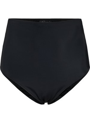 Hoge taille zwarte zwemonderbroek gemaakt van gladde, rekbare stof. Heeft een effen kleur met een strakke ontwerp en geen extra patronen of hardware.