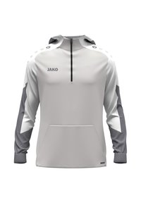 Pullover sportivo grigio chiaro con mezza zip, presenta accenti grigio scuro sulle maniche, tasca a marsupio e logo "JAKO" sul petto.