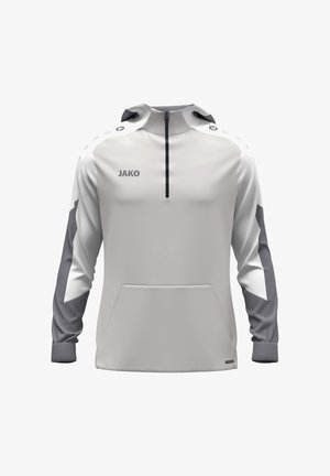 Hellgrauer Sportpullover mit halbem Reißverschluss, der dunkler graue Akzente an den Ärmeln, einer Kängurutasche und dem "JAKO"-Logo auf der Brust aufweist.