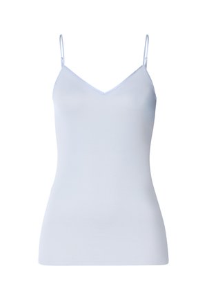 Camisola azul claro con tirantes finos ajustables, diseño de escote en v y textura suave y lisa. Hecha de una tela ligera y elástica.