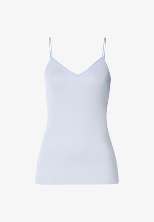 Vaaleansininen hihaton toppi, ohuilla säädettävillä olkaimilla, v-kaula-aukkoinen ja pehmeä, sileä materiaali. Valmistettu kevyestä, joustavasta kankaasta.