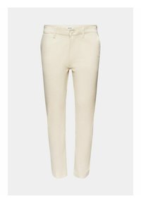 Pantaloni in cotone beige con vestibilità slim, dotati di chiusura a un bottone, passanti per cintura e tasche frontali. Texture liscia e design sartoriale.