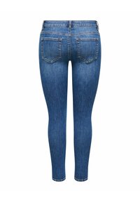 Jean skinny en jean bleu vu de dos avec deux poches arrière, passants de ceinture, et une taille et des jambes ajustées.