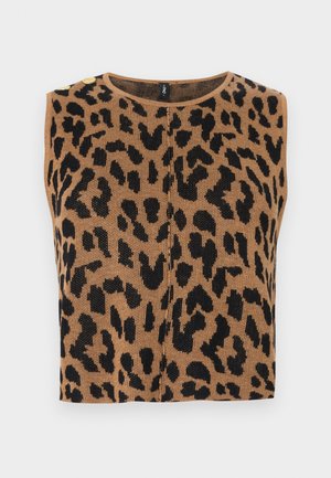 Haut sans manches marron avec un motif léopard noir, texture côtelée et accents de boutons dorés sur l'épaule.