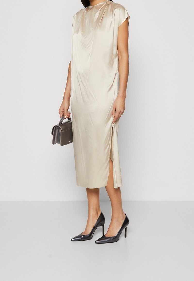 champagne silk dress Champagne Silk Wrap Midi Dress with Short Flutter Sleeves – DIANASILK main image 1