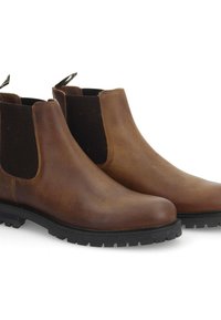 Braune Chelsea-Stiefel aus Leder mit elastischen Seitenteilen und Zuglaschen, ausgestattet mit einer robusten schwarzen Gummisohle mit Profil. Glatte Textur.