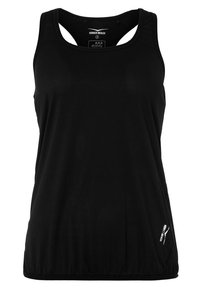 Top sportivo nero senza maniche con scollatura rotonda, tessuto a costine, pannelli in rete traspirante e orlo arricciato con accento del logo del brand.