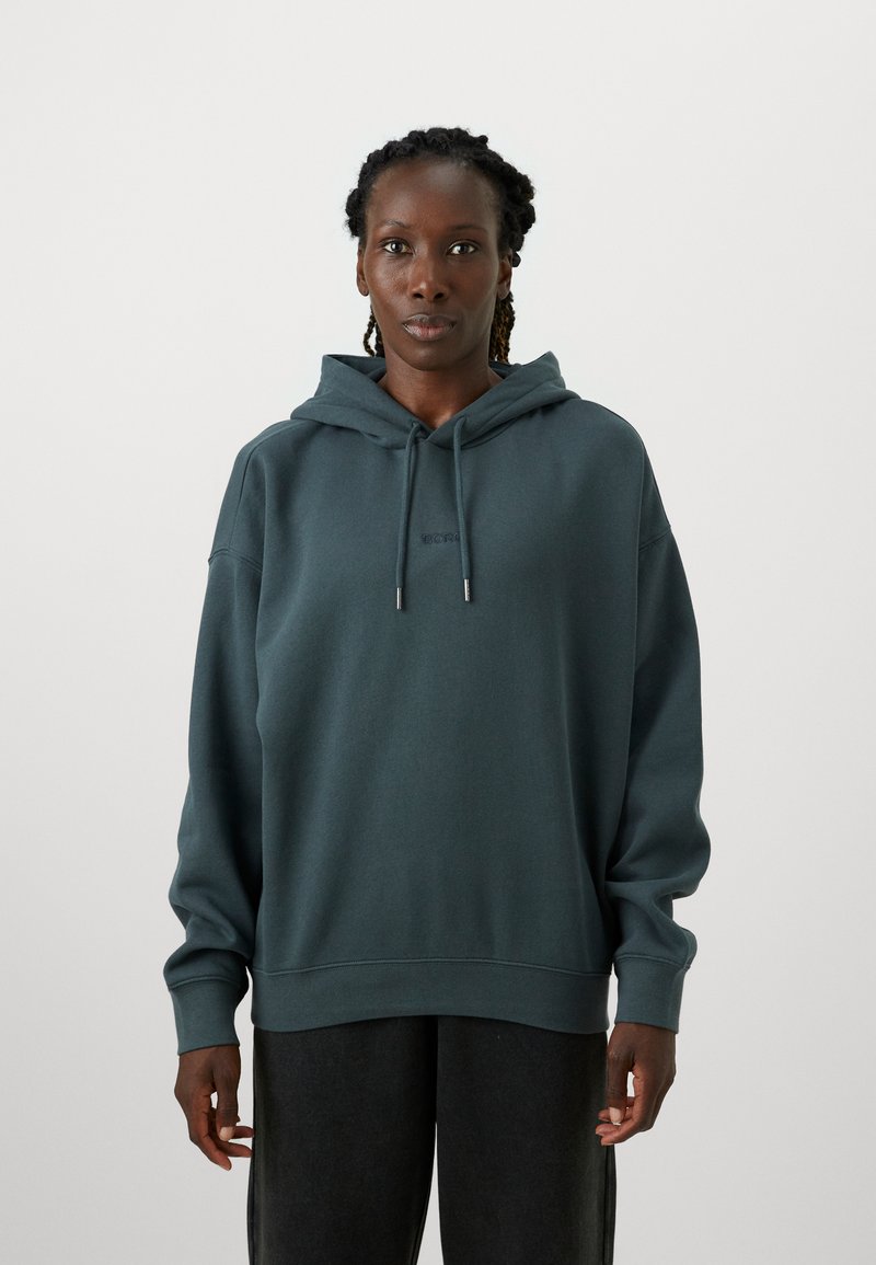 Felpa con cappuccio in misto cotone verde scuro, dalla vestibilità rilassata, con tasca frontale e cordini in tono argento.