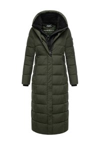 Lång, olivgrön pufferjacka med huva, med framzipper, quiltat mönster och svarta detaljer vid ärmsluten och inre kragen.