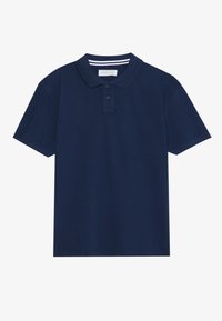 Polo majica u tamnoplavoj boji napravljena od pamučnog materijala, s klasičnim ovratnikom, placketom sa tri dugmeta i kratkim rukavima s glatkom teksturom.