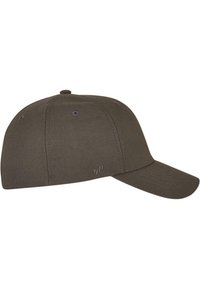 Olive green baseball cap, made of cotton, features a curved brim and embroidered accents. Smooth texture with ventilation eyelets on the sides.