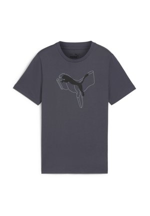 Camiseta de manga corta de color gris oscuro, hecha de algodón, con un logo ilustrado de puma negro en el centro. Diseño de cuello redondo con una textura suave.