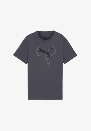 Camiseta de manga corta de color gris oscuro, hecha de algodón, con un logo ilustrado de puma negro en el centro. Diseño de cuello redondo con una textura suave.