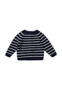Marineblau- und weiße gestreifte Strickjacke mit langen Ärmeln, geripptem Halsausschnitt und Saum, im entspannten Schnitt und mit weicher Textur.