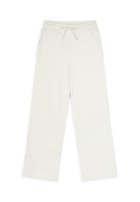 Ljuskrämfärgade byxor med vida ben i mjukt tyg, med elastiskt midjeband och dragsko samt sidofickor. Slät textur genomgående.