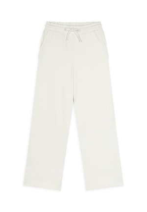 Licht crèmekleurige wijde broek gemaakt van zachte stof, met een elastische tailleband met trekkoord en zijzakken. Soepele textuur over de gehele lengte.