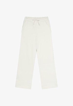 Light cream wide-leg pants made from soft fabric, featuring an elastic waistband with drawstring and side pockets. Smooth texture throughout.