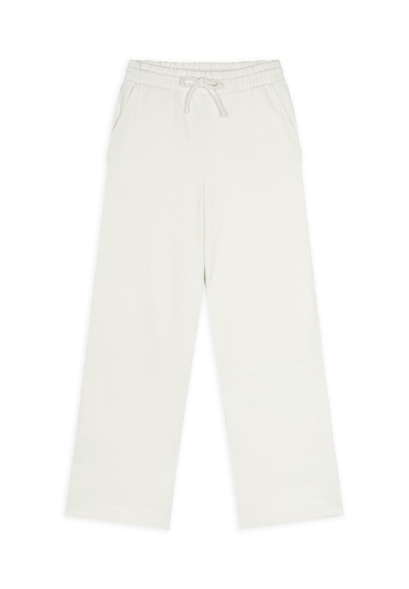 Ljuskrämfärgade byxor med vida ben i mjukt tyg, med elastiskt midjeband och dragsko samt sidofickor. Slät textur genomgående.