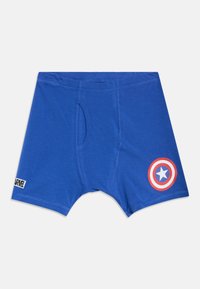Sinised puuvillased bokserid eesmisest avausega, millel on vasakul jalal ümmargune Captain America logo ja vööaugu peal väike Marveli silt.