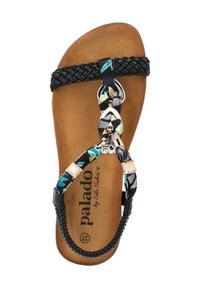 Zwarte gevlochten sandaal met een strik van bloemmotieven, met metalen accenten en een kurkachtige zool. Getextureerde voetbed met logo.
