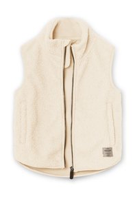 Mīksta vilnas veste krēmkrāsā ar augstu apkakli, priekšējo rāvējslēdzēju un sānu kabatām. Mīksta tekstūra, noapaļots apakšmalas dizains un metāla birkas elements.