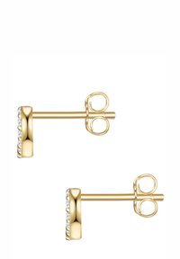 Pendientes de botón de oro con un acabado pulido, que presentan una fila de pequeños cristales claros a lo largo del borde frontal y un cierre de mariposa.