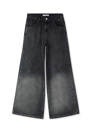 Jeans in denim nero a vita alta e gamba larga con dettagli sbiaditi, bottone anteriore, passanti per cintura e due tasche frontali.