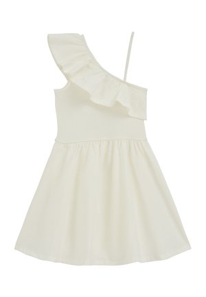 Kremasta haljina na jedno rame s volanima na izrezu i tankim remenom, uski rebrasti korzet i suknja koja se širi.