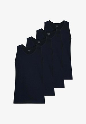 Quattro canotte di cotone blu navy con scollature rotonde, caratterizzate da una texture liscia e senza motivi o accenti visibili.