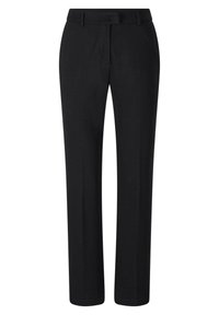 Zwarte op maat gemaakte broek, gemaakt van gladde stof, met een recht model, riemlussen en zonder zichtbare patronen of accenten.