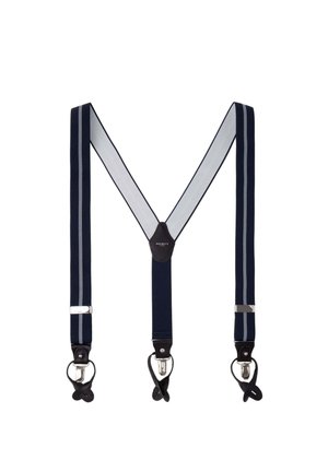 Bretelles bleu foncé avec des rayures gris clair ; sangles ajustables ; accents en cuir ; clips en métal aux extrémités ; design en forme de V.