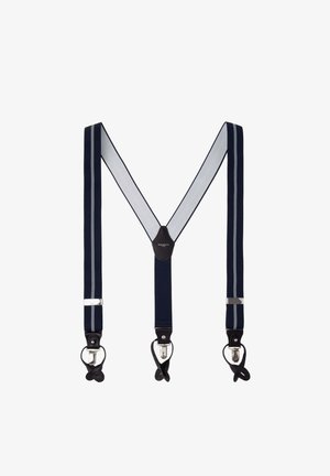 Bretelles bleu foncé avec des rayures gris clair ; sangles ajustables ; accents en cuir ; clips en métal aux extrémités ; design en forme de V.