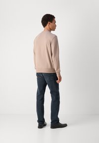 Lys beige sweatshirt med rund halsudskæring, ribbede manchetter og kant, parret med mørke denim jeans og sorte sko, set fra ryggen.