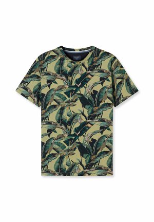 Short-sleeve shirt with a beige background and a dense green tropical leaf pattern covering entire fabric.