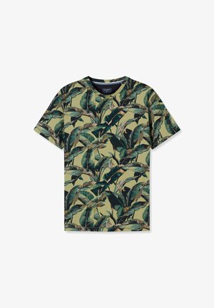 Short-sleeve shirt with a beige background and a dense green tropical leaf pattern covering entire fabric.