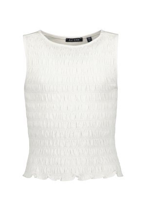 Top bianco senza maniche con una texture a coste e orlo scallopato. Realizzato in tessuto elastico, presenta un colletto rotondo semplice.