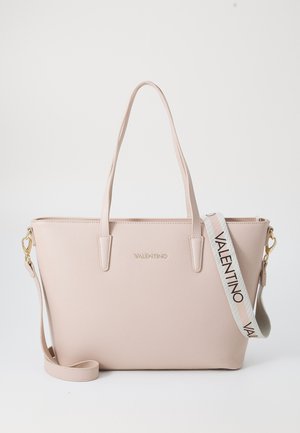 Pink synthetic leather tote bag with dual handles, detachable adjustable strap, and gold logo. Features a smooth texture and structured shape.